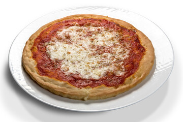A gluten free pizza with tomato sauce, mozzarella cheese in white dish isolated on white background