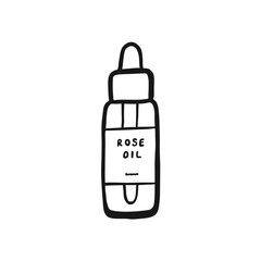 Bottle with rose oil vector icon isolated on a white background. Black ink illustration.