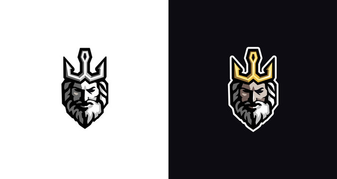 Poseidon neptune zeus god logo icon, triton trident crown vector template