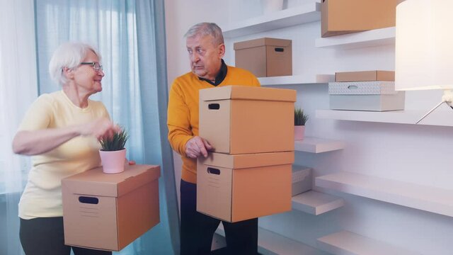 Relocation to new home. Happy retired couple moving carrying cardboard boxes. High quality 4k footage