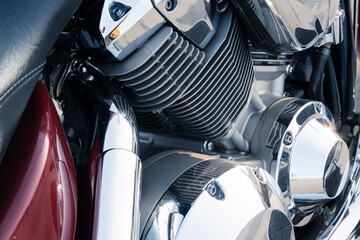 Motorcycle engine with chrome details, close-up