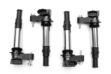 New ignition coil for gasoline engine car isolated on white background. Automotive spare parts.