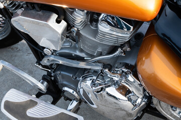 Motorcycle engine with chrome details, close-up