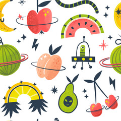 Cosmic veggie Worm alien Apple planet Fruity space seamless pattern. Extraterrestrial fictional childish background for textile apparel design print