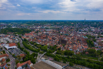 Aerial view of the old town of Ansbach in Germany, Bavaria on a sunny spring day	