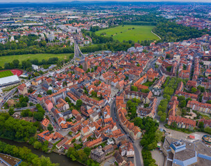 Aerial view of the city Fürth in Germany, Bavaria on a sunny spring day