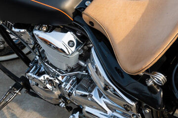 Motorcycle engine with chrome details, close-up