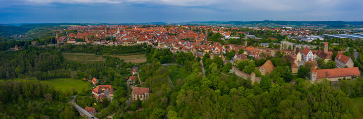 Aerial view of the city Rothenburg ob der Tauber in Germany, Bavaria on a sunny spring day afternoon.