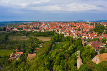 Fototapeta na wymiar Aerial view of the city Rothenburg ob der Tauber in Germany, Bavaria on a sunny spring day afternoon.