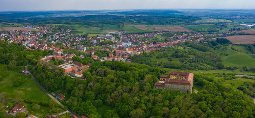 Fototapeta na wymiar Aerial view of the city Schillingsfürst in Germany, Bavaria on a sunny spring day.