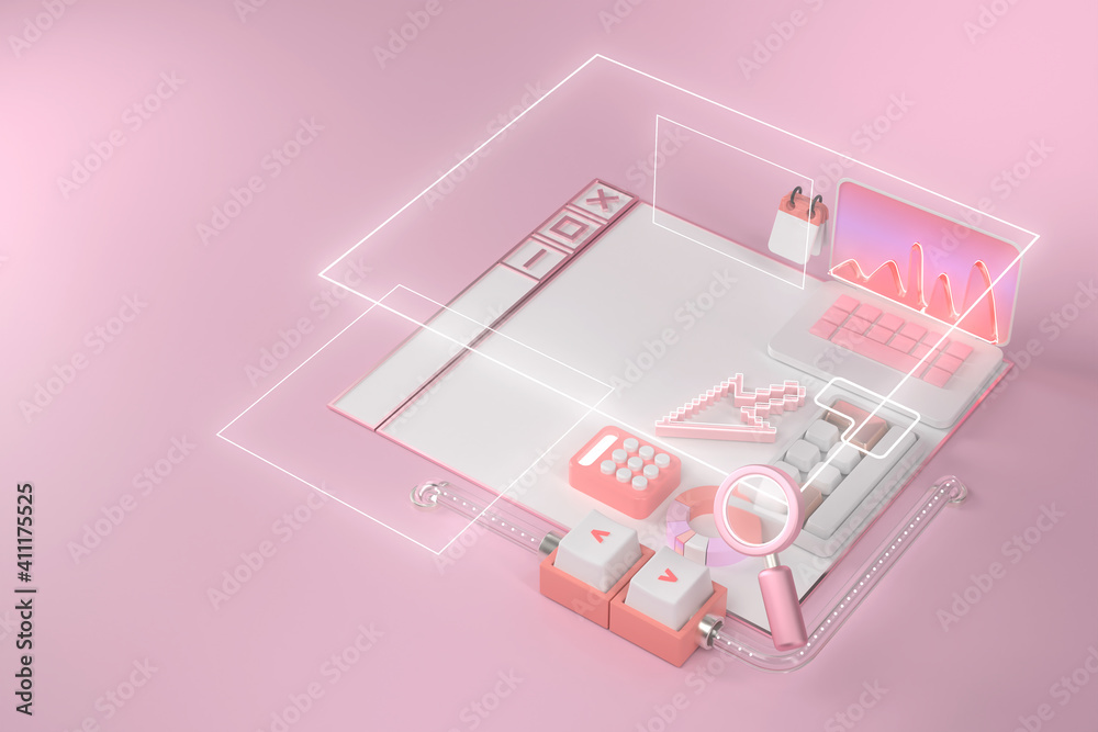 Wall mural 3d rendering of laptop and website.