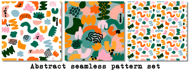 Set of 3 abstract seamless patterns with different hand drawn shapes