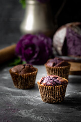 Purple coloured chocolate muffins on gray textured background