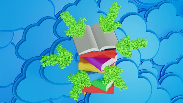 Stack of multicolored books with open book and green arrows before blue cloud computing icon.  e-learning concept 