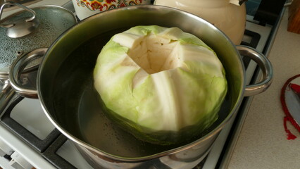 the cook makes cabbage rolls from white cabbage and meat