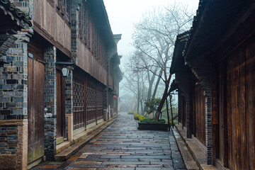 Fototapeta na wymiar WUZHEN,CHINA-MARCH 6,2012: Ancient buildings along the canal. Morning fog over the city.