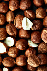 Close up of Hazelnut kernels - Food Frame Background, macro detailed close up.