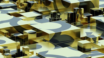 Abstract golden liquid on black cube. Art data technology concept