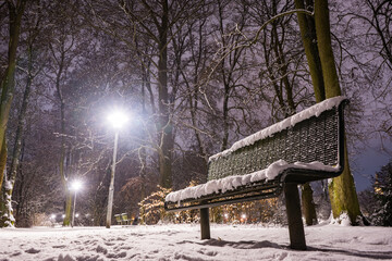 snowy bench in the park at night