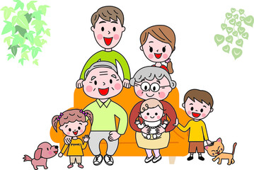 三世代家族揃ってソファーに座る