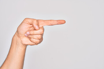 Hand of caucasian young man showing fingers over isolated white background pointing with index finger to the side, suggesting and selecting a choice