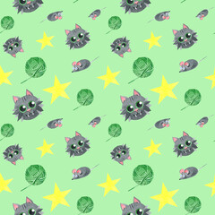Seamless pattern with a mad black cat, a ball of thread, a gray mouse, a stars. Creative children's texture. Watercolor illustrations on a green background. For textiles, sites, wallpaper, packaging.