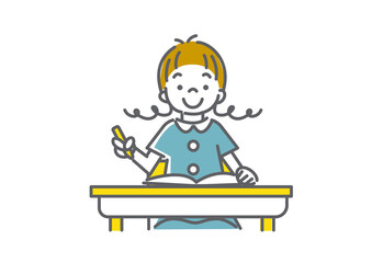 自主的に学ぶ女の子のシンプルでかわいい線画イラスト
