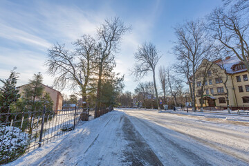 Typical architecture of a small resort town in winter. Kaliningrad Region, Russia