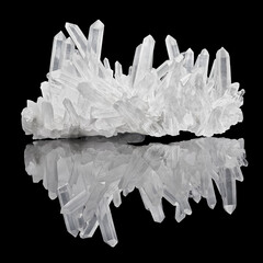 Amazing pure Quartz Crystal cluster gemstone closeup macro isolated on black background. Natural rare white mineral rough stone. Beautiful crystals arrangement