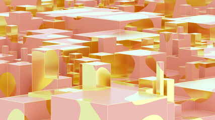 Abstract golden liquid on pink box. Art data technology concept