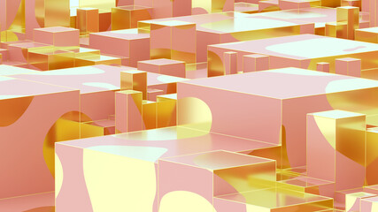 Abstract golden liquid on pink box. Art data technology concept