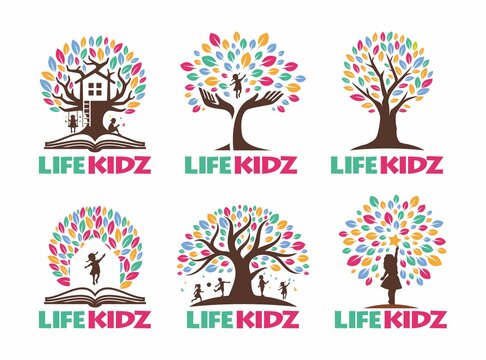 Set of Tree Kids Logo playful template