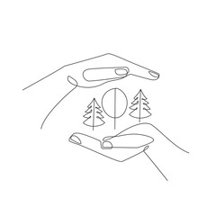Fototapeta na wymiar Ecology Logo. Forest in Hands Line Art Drawing. Ecology Symbol. Minimalist Trendy Contemporary Design Perfect for Wall Art, Prints, Social Media, Posters, Invitations, Branding Design.