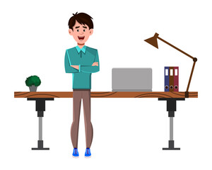 Businessman cartoon character stands near his table or workplace