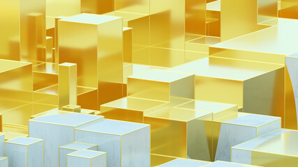 Abstract golden liquid on white cube. White marble. Art data technology concept.
