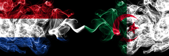 Netherlands vs Algeria, Algerian smoky mystic flags placed side by side. Thick colored silky abstract smoke flags.