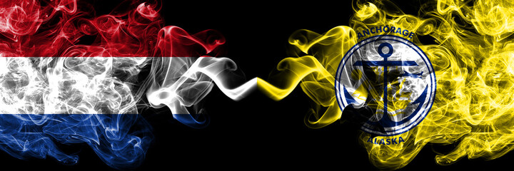 Netherlands vs Anchorage, Alaska smoky mystic flags placed side by side. Thick colored silky abstract smoke flags.