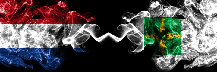 Netherlands vs Brazil states, Distrito Federal smoky mystic flags placed side by side. Thick colored silky abstract smoke flags.