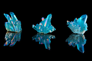 Amazing colorful collection of Quartz Rainbow Flame Blue Aqua Aura crystal cluster closeup macro...
