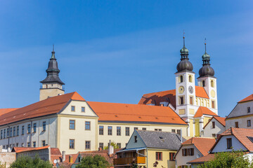 Towers of the historic castle in Telc, Czech Republic