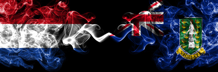 Netherlands vs Britain, British Virgin Islands smoky mystic flags placed side by side. Thick colored silky abstract smoke flags.