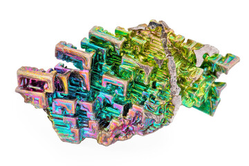 Amazing colorful rainbow Bismuth Gemstone macro closeup isolated on white background