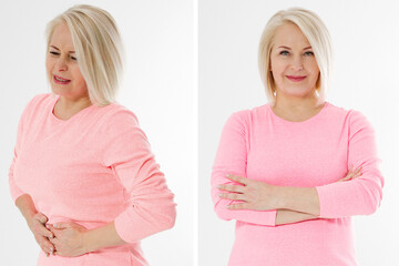 Before-after abdominal pain. Middle aged woman with stomach pain. Before after stomach-ache....