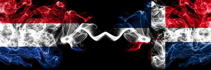 Netherlands vs Dominican Republic smoky mystic flags placed side by side. Thick colored silky abstract smoke flags.