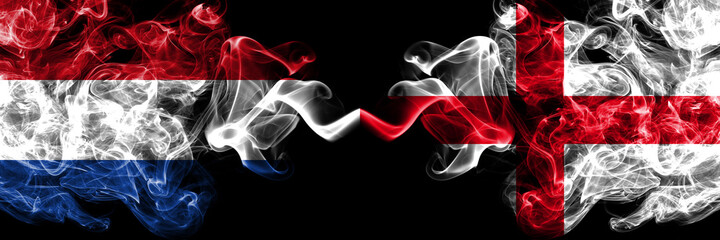 Netherlands vs England, English smoky mystic flags placed side by side. Thick colored silky abstract smoke flags.