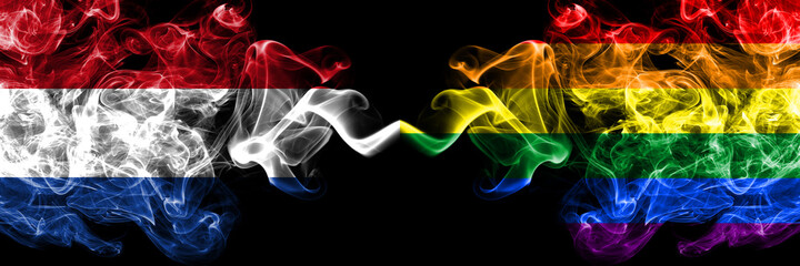 Netherlands vs Gay, Pride smoky mystic flags placed side by side. Thick colored silky abstract smoke flags.