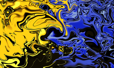 Fluid marble ink background. Inkscape blue and yellow liquid splash design.