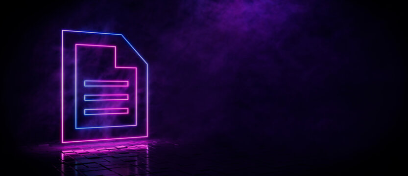 Pink and blue neon light document icon. Vibrant colored technology symbol, isolated on a black background. 3D Render 