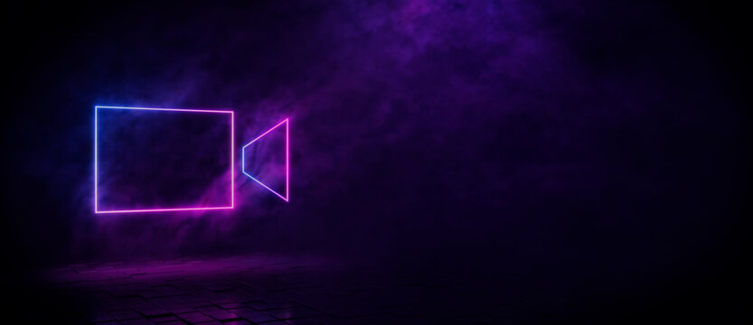 Pink and blue neon light video camera icon. Vibrant colored technology symbol, isolated on a black background. 3D Render 