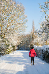 A woman walks along a snow covered road through a snowy, wintry rural landscape on a bright sunny day